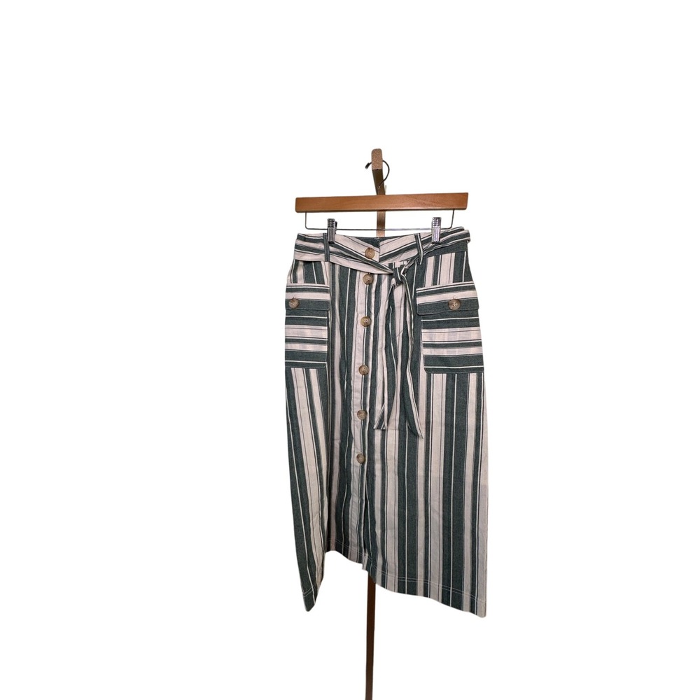 Striped Midi‎ Skirt A Line Button Front Pockets Tie Belt Career Casual